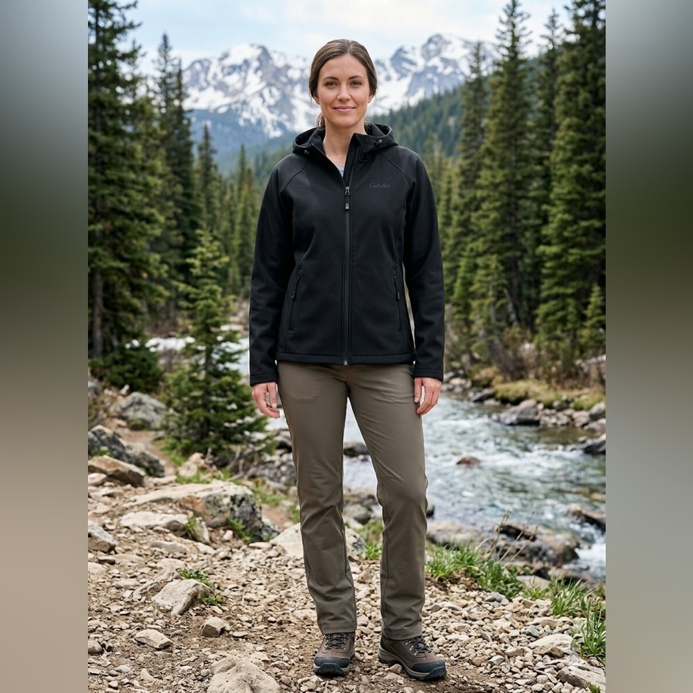 Cabela's Women's M Black Softshell Hooded Jacket Fleece Lined Water Resistant